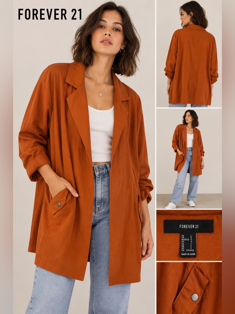 Forever 21 Open-Front Duster Jacket Burnt Orange Size L